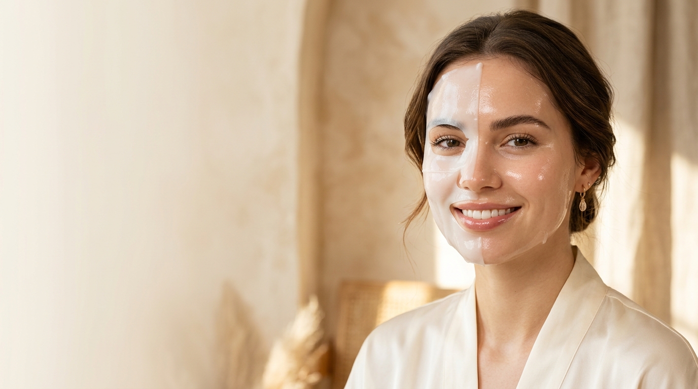 Biodance Bio-Collagen Real Deep Mask transformation from white to transparent on glowing American skin